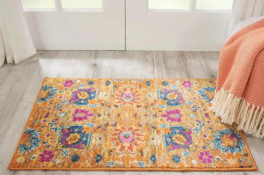 Blue And Orange Floral Distressed Area Rug Photo 6