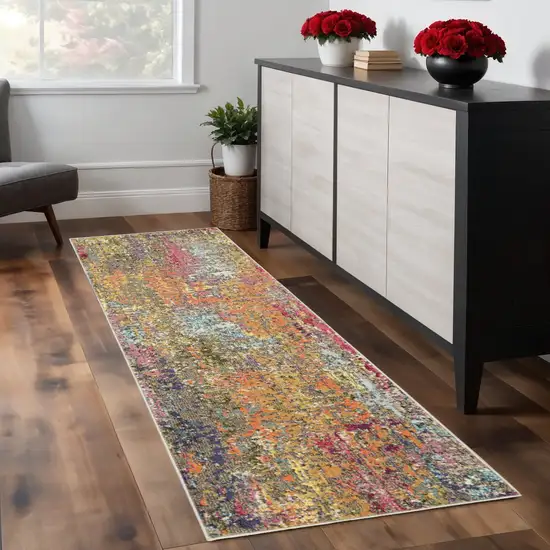 8' Blue Yellow And Orange Abstract Runner Rug Photo 1