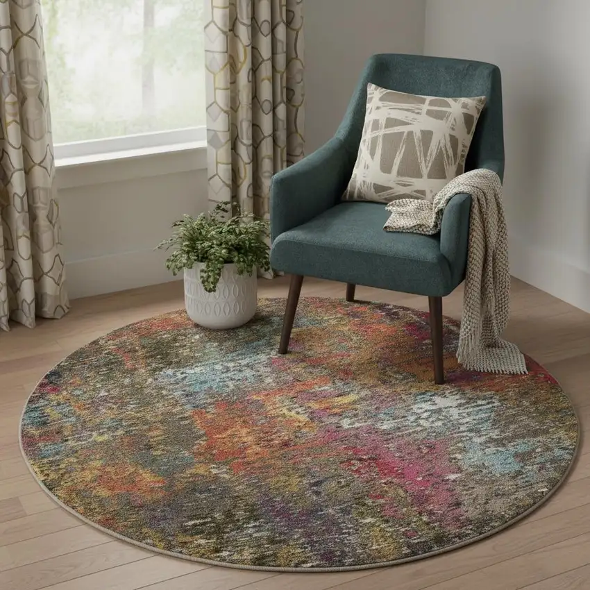 5' X 5' Sunset Round Abstract Power Loom Non Skid Area Rug Photo 1