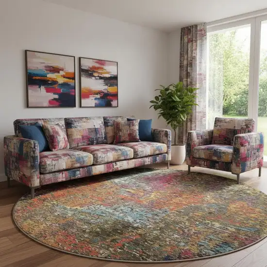 8' X 8' Sunset Round Abstract Power Loom Non Skid Area Rug Photo 1