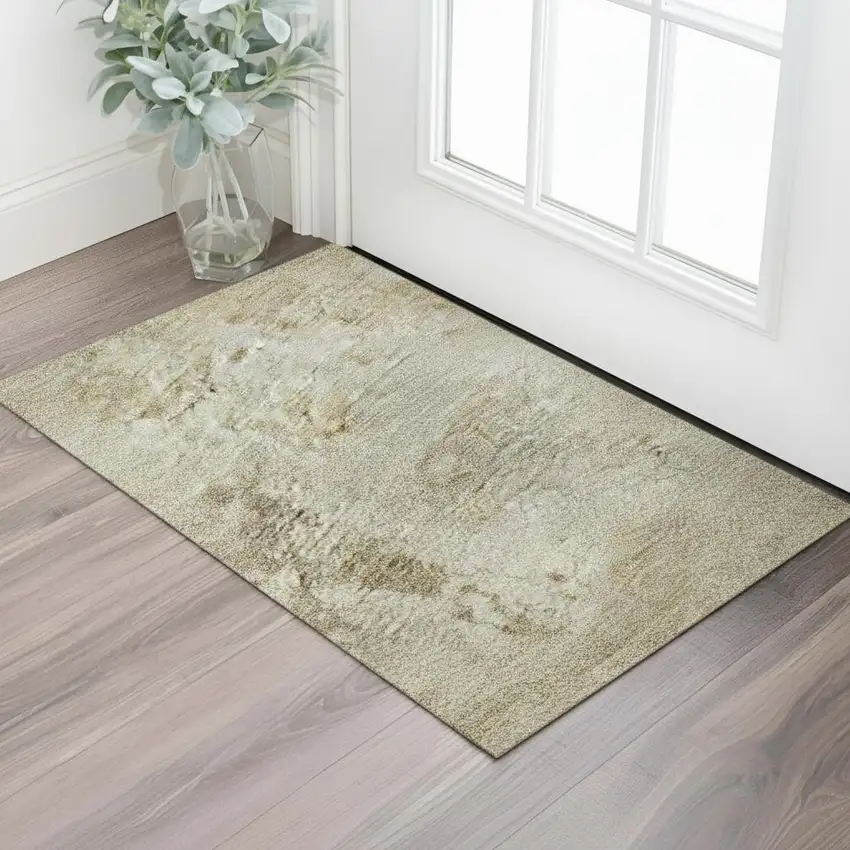 Tan And Beige Abstract Washable Area Rug With UV Protection Photo 2