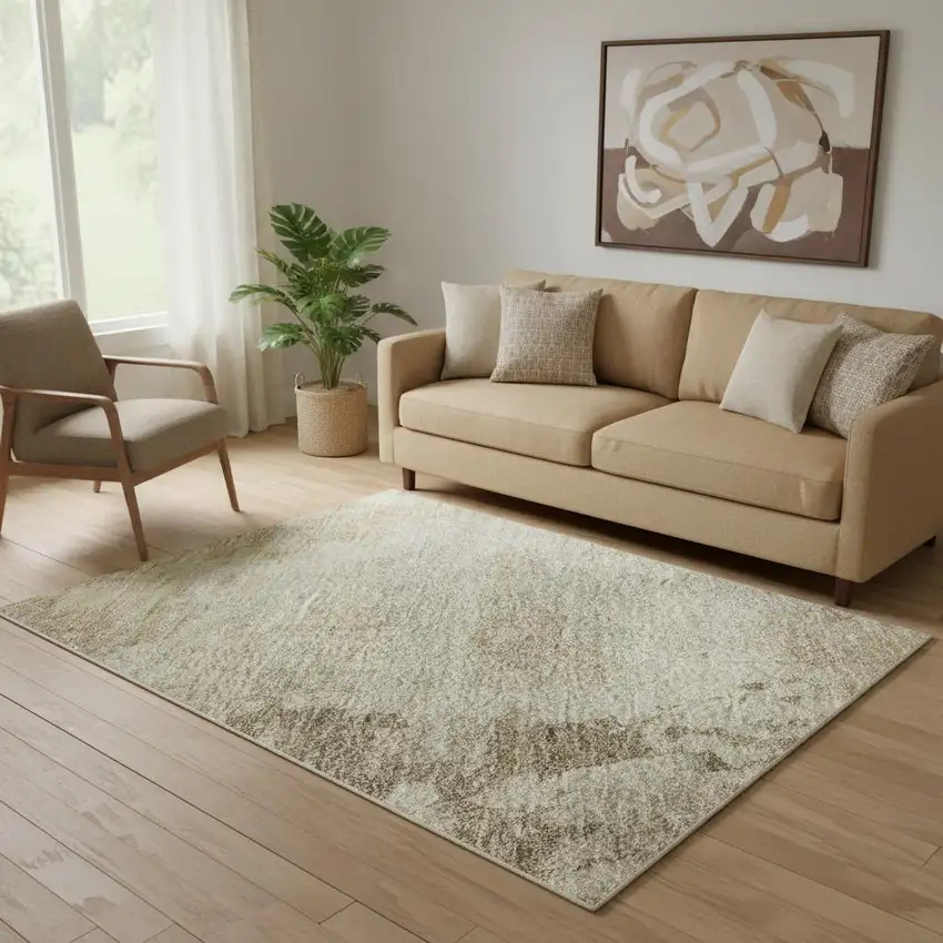 Tan And Beige Abstract Washable Area Rug With UV Protection Photo 1