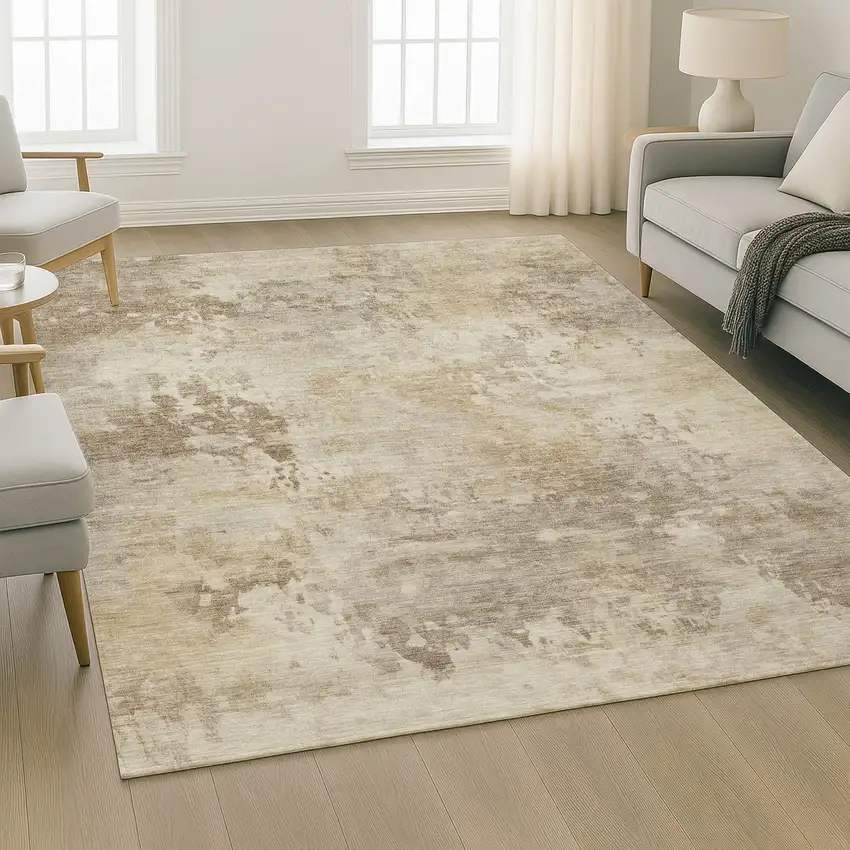 Tan And Beige Abstract Washable Area Rug With UV Protection Photo 4