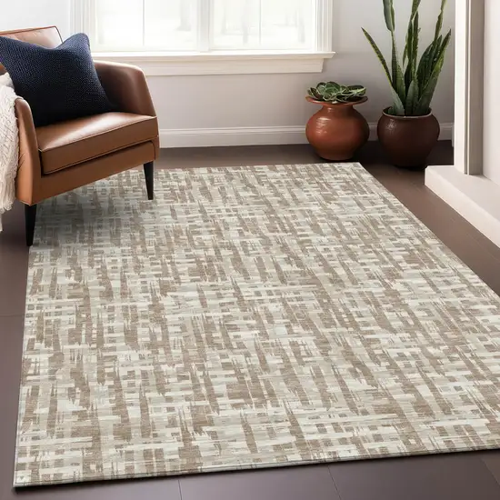 Tan And Beige Abstract Washable Indoor Outdoor Area Rug Photo 8