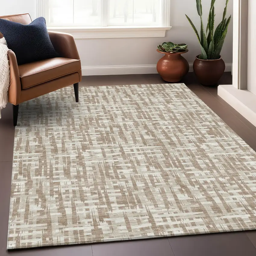 Tan And Beige Abstract Washable Indoor Outdoor Area Rug Photo 8