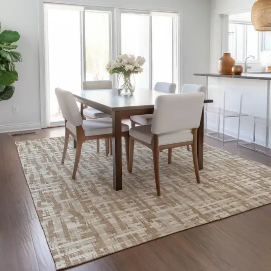 Tan And Beige Abstract Washable Indoor Outdoor Area Rug Photo 9