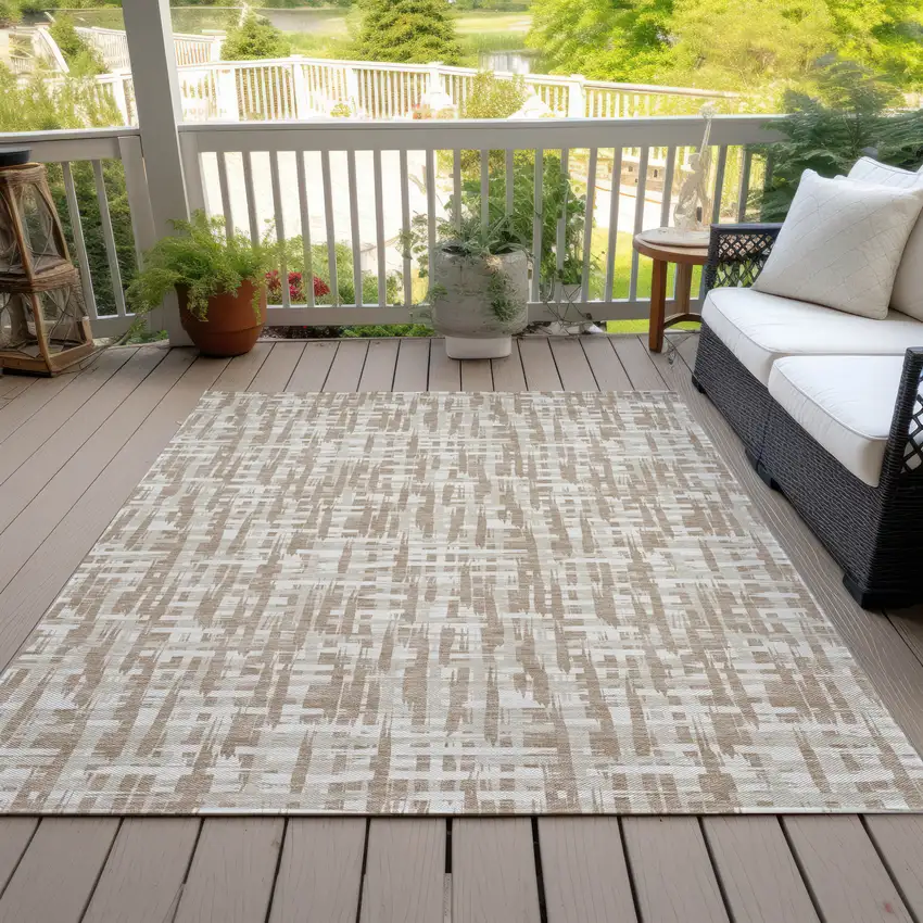 Tan And Beige Abstract Washable Indoor Outdoor Area Rug Photo 7