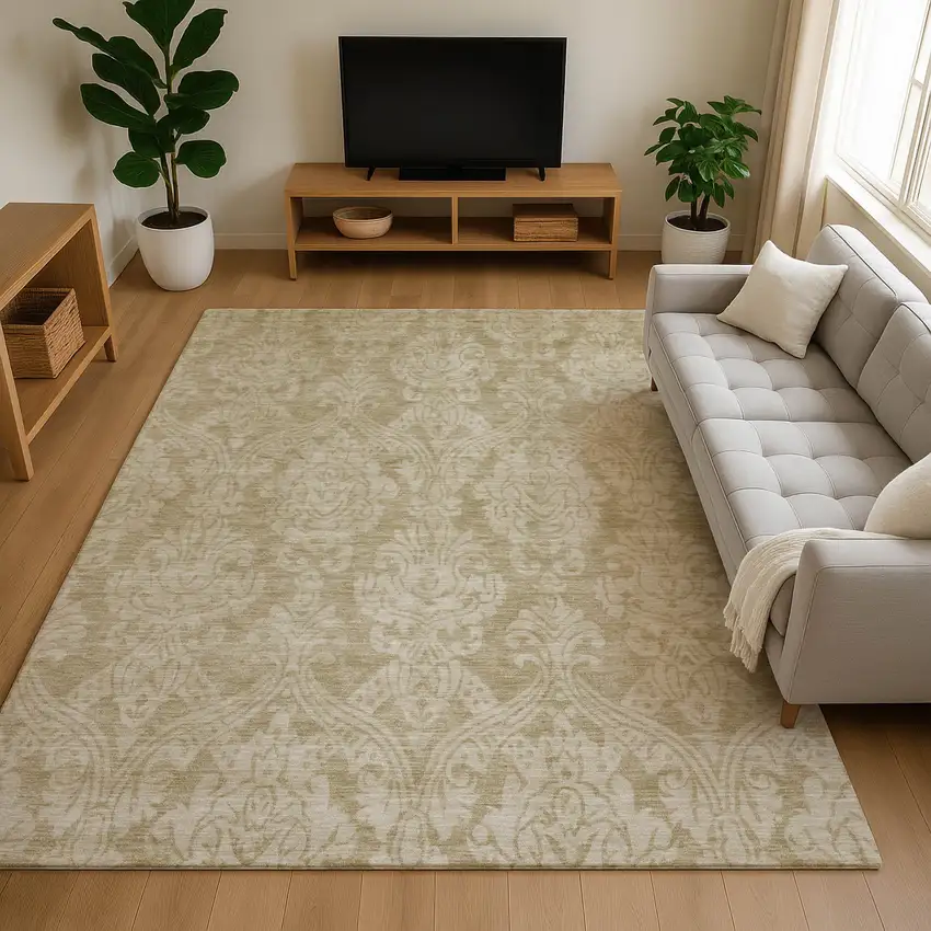 Tan And Beige Damask Washable Area Rug With UV Protection Photo 4