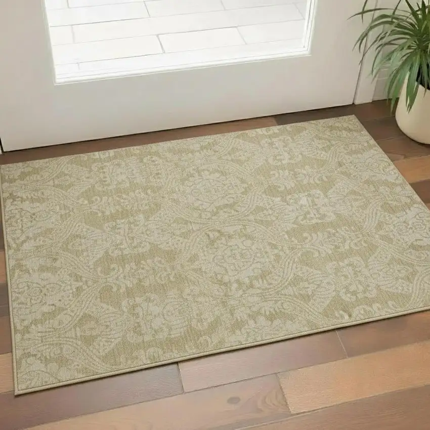 Tan And Beige Damask Washable Area Rug With UV Protection Photo 2