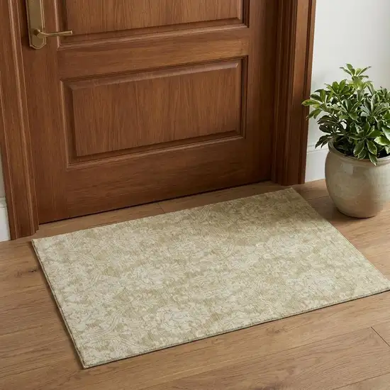 Tan And Beige Damask Washable Area Rug With UV Protection Photo 1