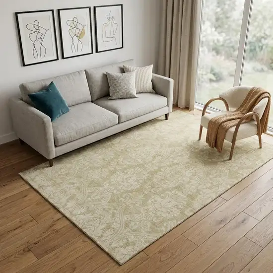 Tan And Beige Damask Washable Area Rug With UV Protection Photo 1