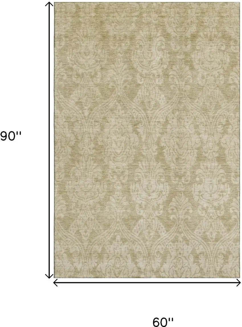 Tan And Beige Damask Washable Area Rug With UV Protection Photo 8