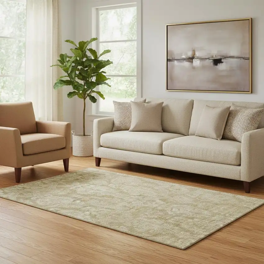 Tan And Beige Damask Washable Area Rug With UV Protection Photo 2