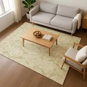 Photo of Tan And Beige Damask Washable Area Rug With UV Protection