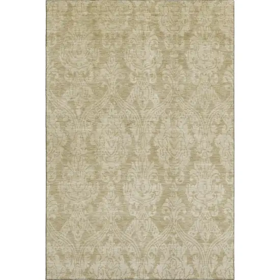 Tan And Beige Damask Washable Area Rug With UV Protection Photo 1