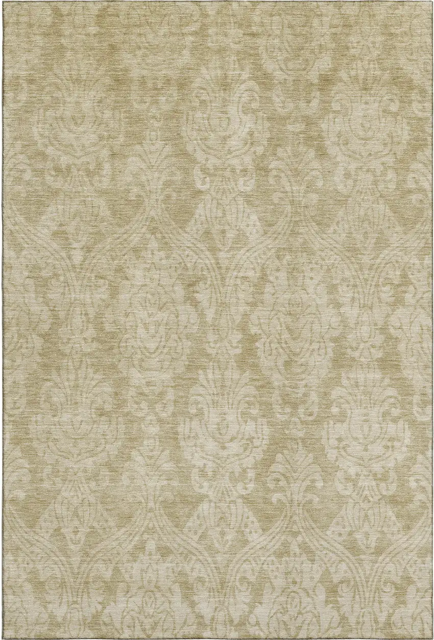 Tan And Beige Damask Washable Area Rug With UV Protection Photo 1