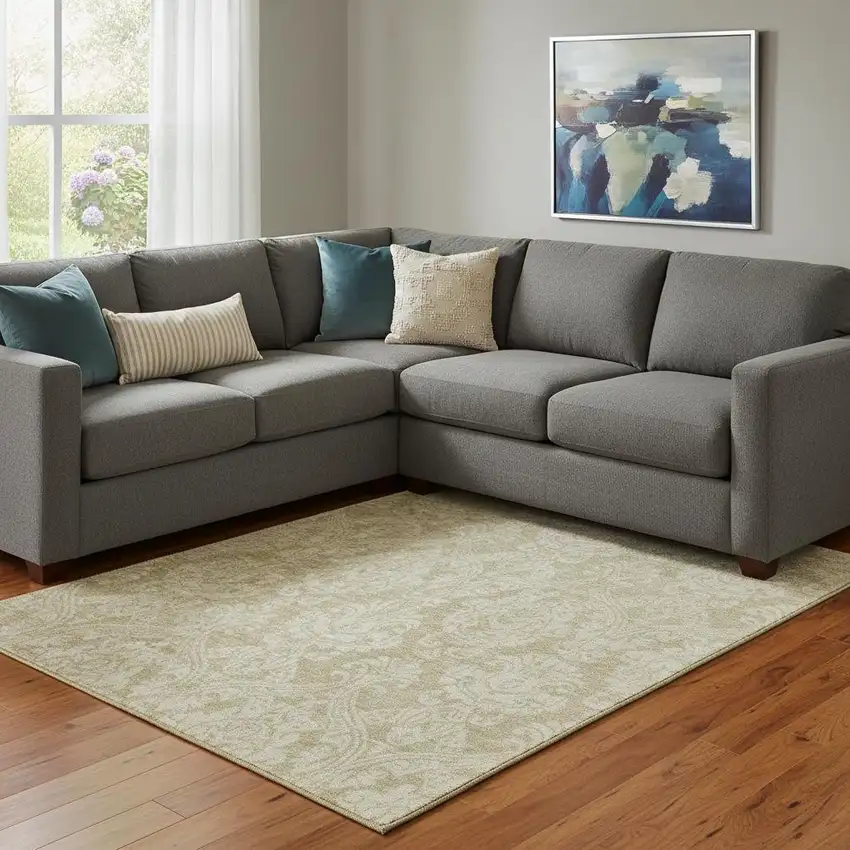 Tan And Beige Damask Washable Area Rug With UV Protection Photo 2