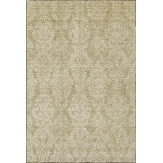Tan And Beige Damask Washable Area Rug With UV Protection Photo 3