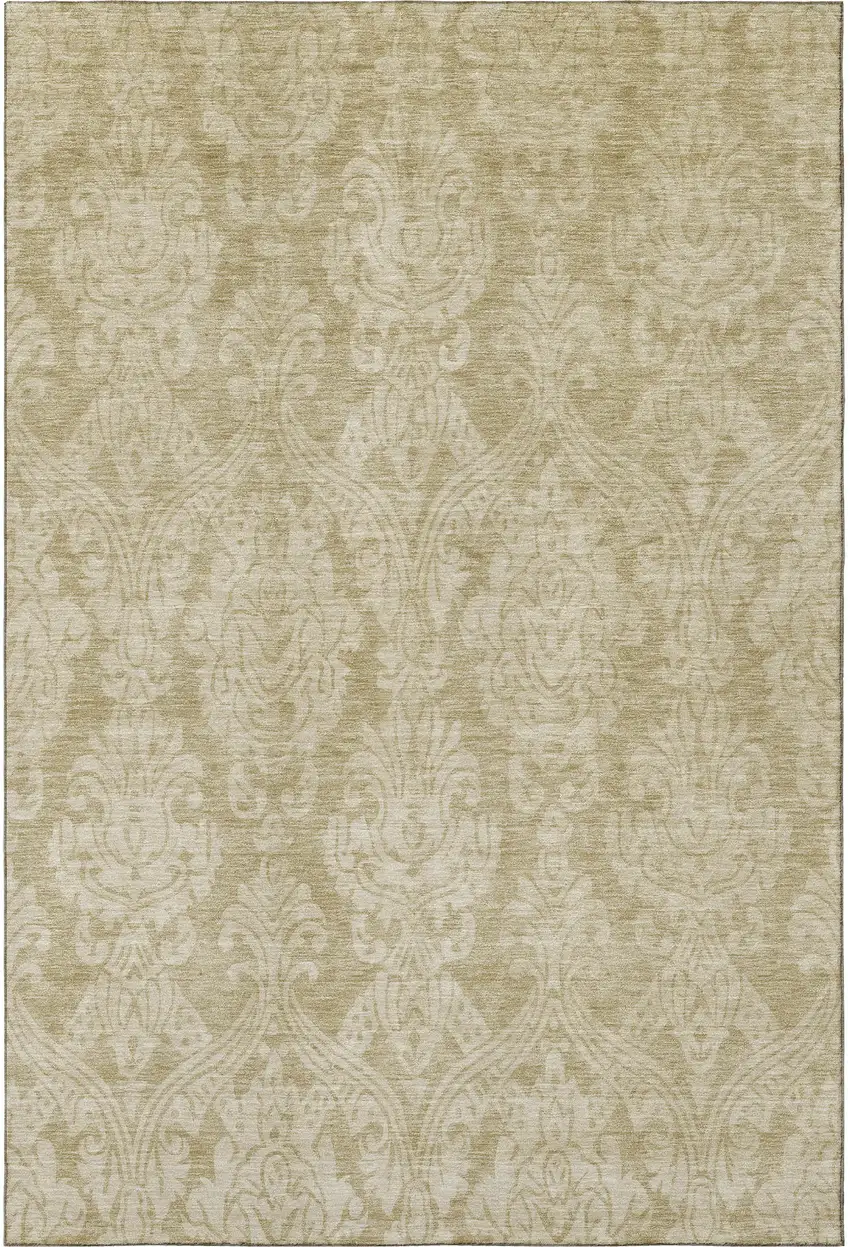 Tan And Beige Damask Washable Area Rug With UV Protection Photo 3