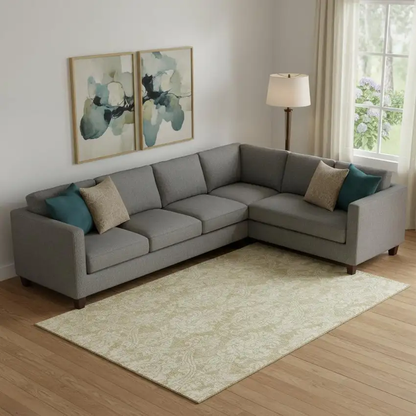 Tan And Beige Damask Washable Area Rug With UV Protection Photo 2