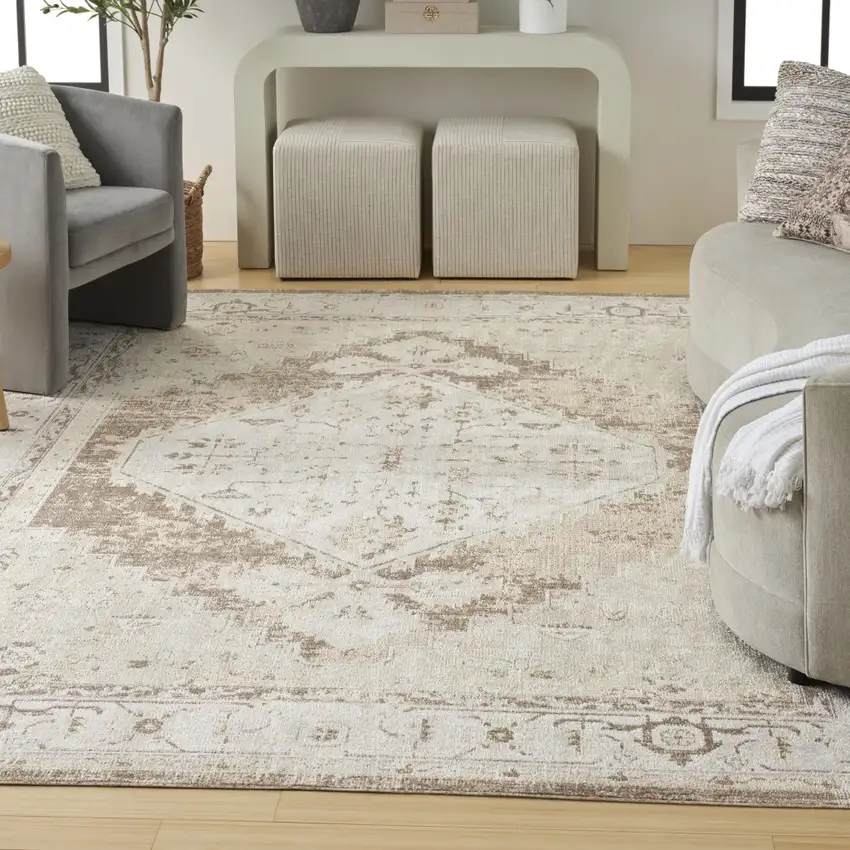 Tan And Beige Floral Distressed Area Rug Photo 4