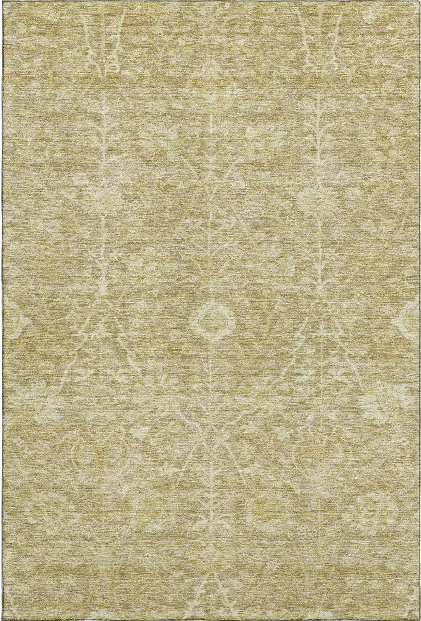Tan And Beige Floral Washable Area Rug With UV Protection Photo 1