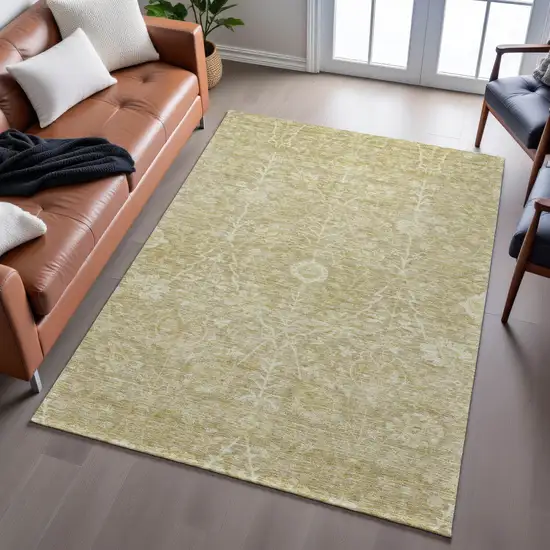 Tan And Beige Floral Washable Area Rug With UV Protection Photo 5