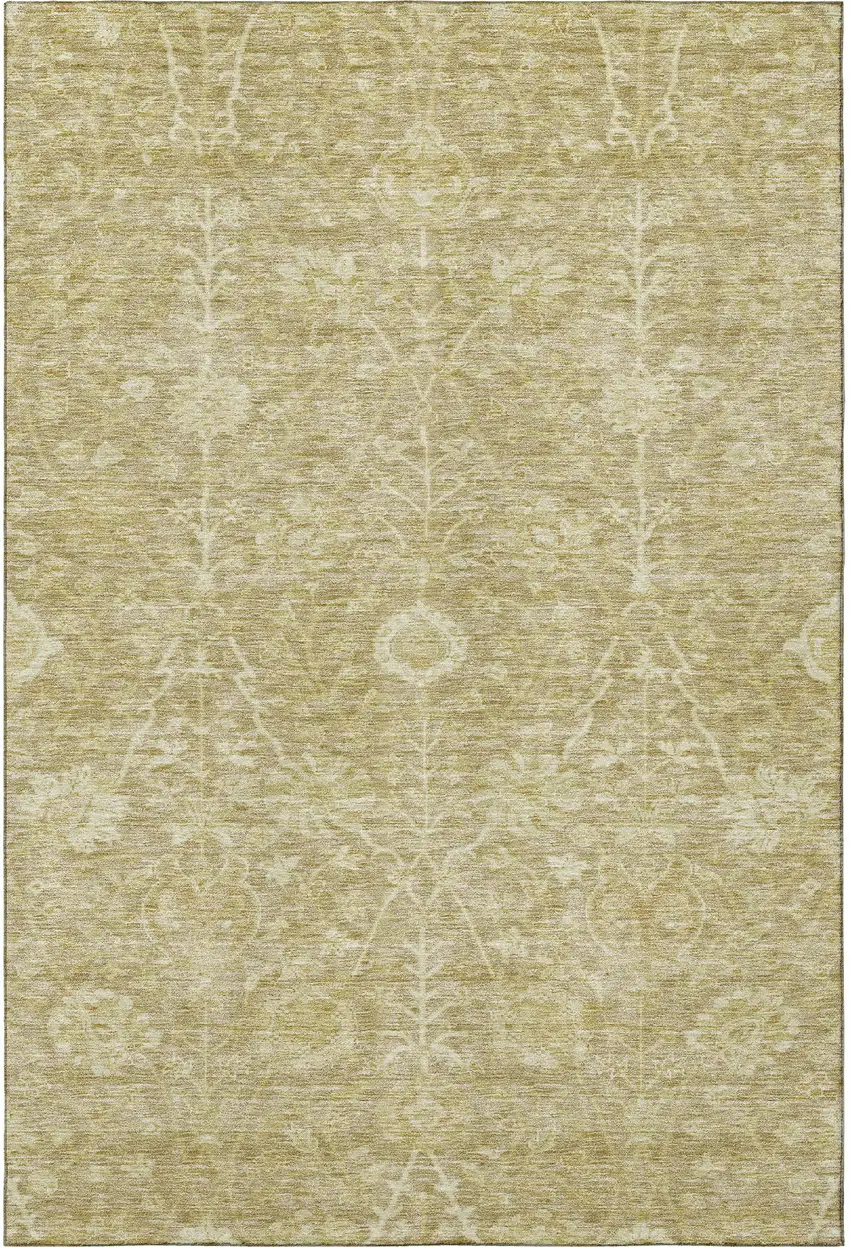 Tan And Beige Floral Washable Area Rug With UV Protection Photo 3