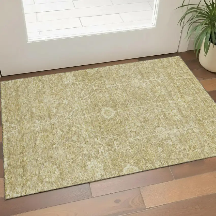 Tan And Beige Floral Washable Area Rug With UV Protection Photo 1