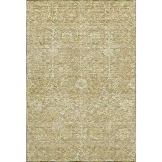 Tan And Beige Floral Washable Area Rug With UV Protection Photo 1