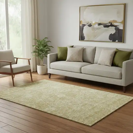 Tan And Beige Floral Washable Area Rug With UV Protection Photo 2