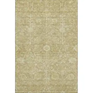 Photo of Tan And Beige Floral Washable Area Rug With UV Protection