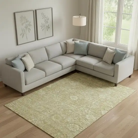 Tan And Beige Floral Washable Area Rug With UV Protection Photo 2