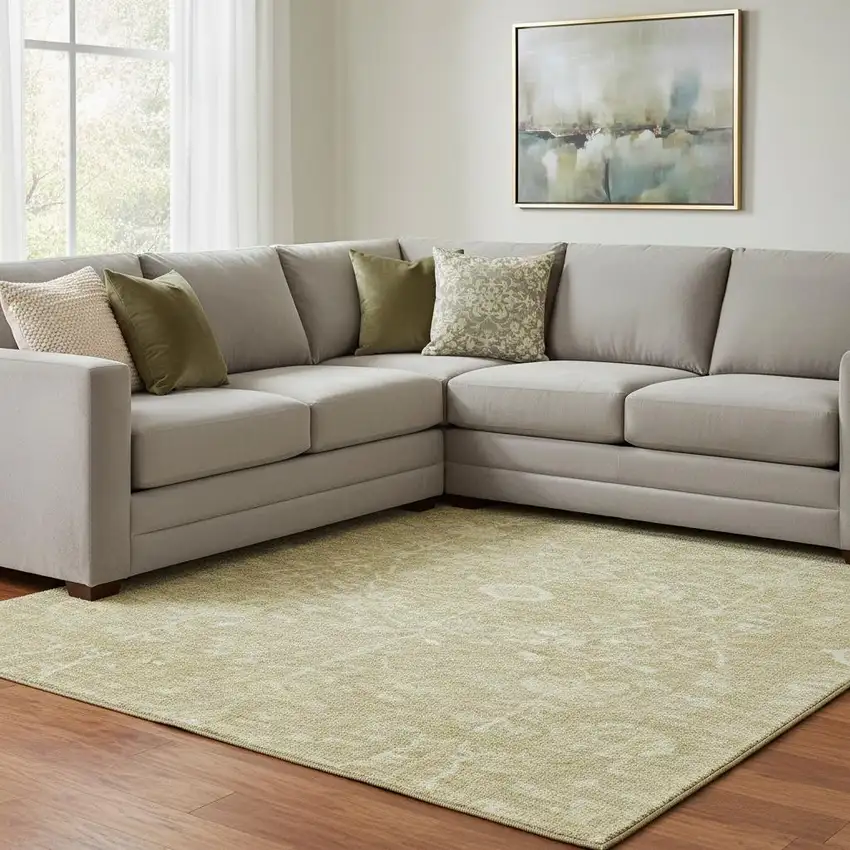 Tan And Beige Floral Washable Area Rug With UV Protection Photo 2