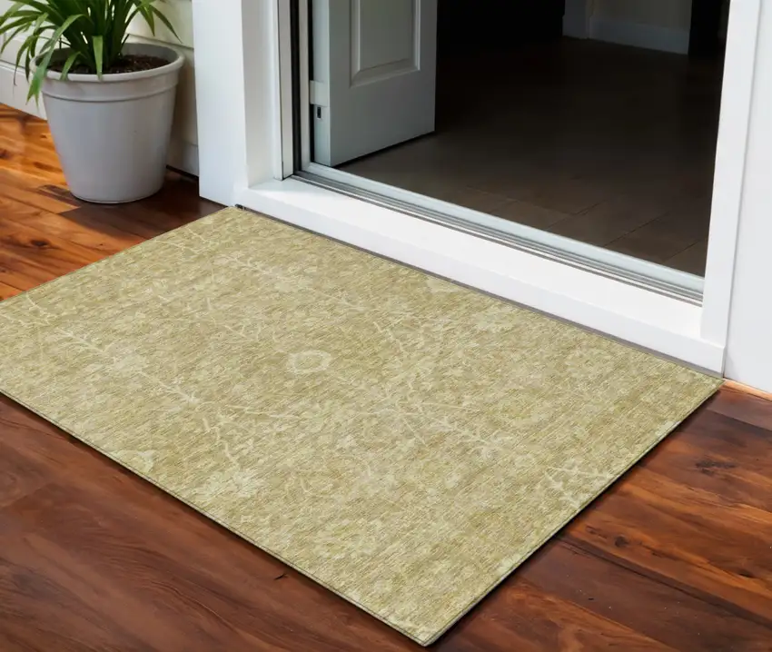 Tan And Beige Floral Washable Indoor Outdoor Area Rug Photo 1