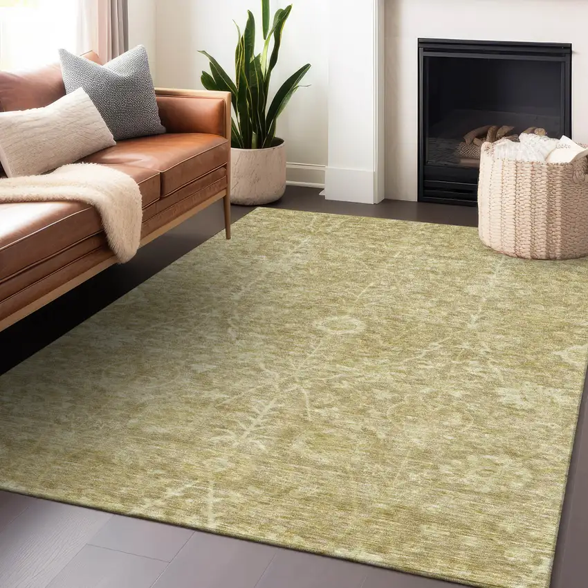 Tan And Beige Floral Washable Indoor Outdoor Area Rug Photo 8