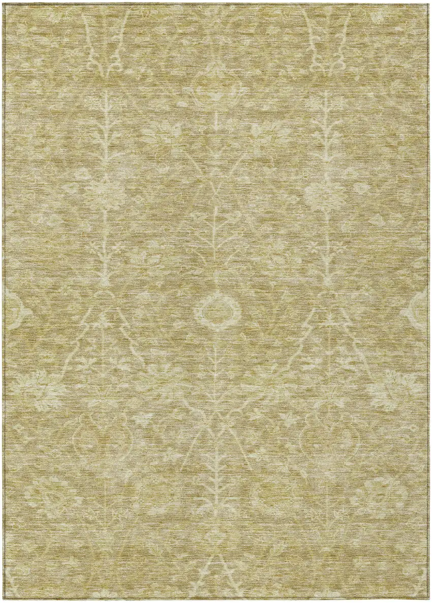 Tan And Beige Floral Washable Indoor Outdoor Area Rug Photo 2