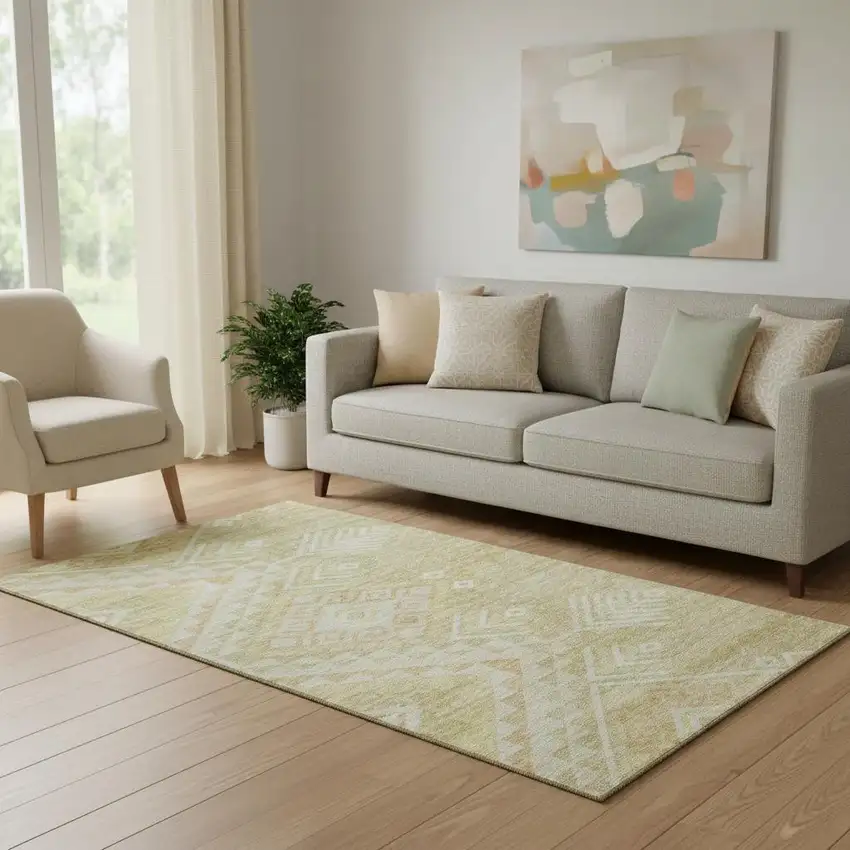 Tan And Beige Geometric Washable Area Rug With UV Protection Photo 2