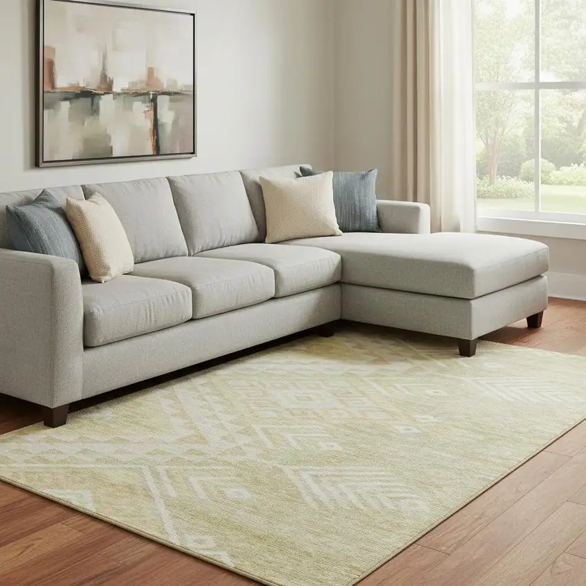 Tan And Beige Geometric Washable Area Rug With UV Protection Photo 2