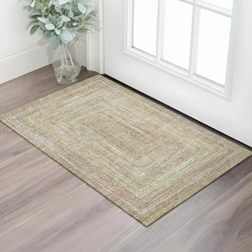 Tan And Beige Geometric Washable Area Rug With UV Protection Photo 2