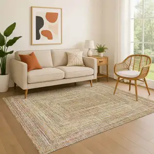 Photo of Tan And Beige Geometric Washable Area Rug With UV Protection
