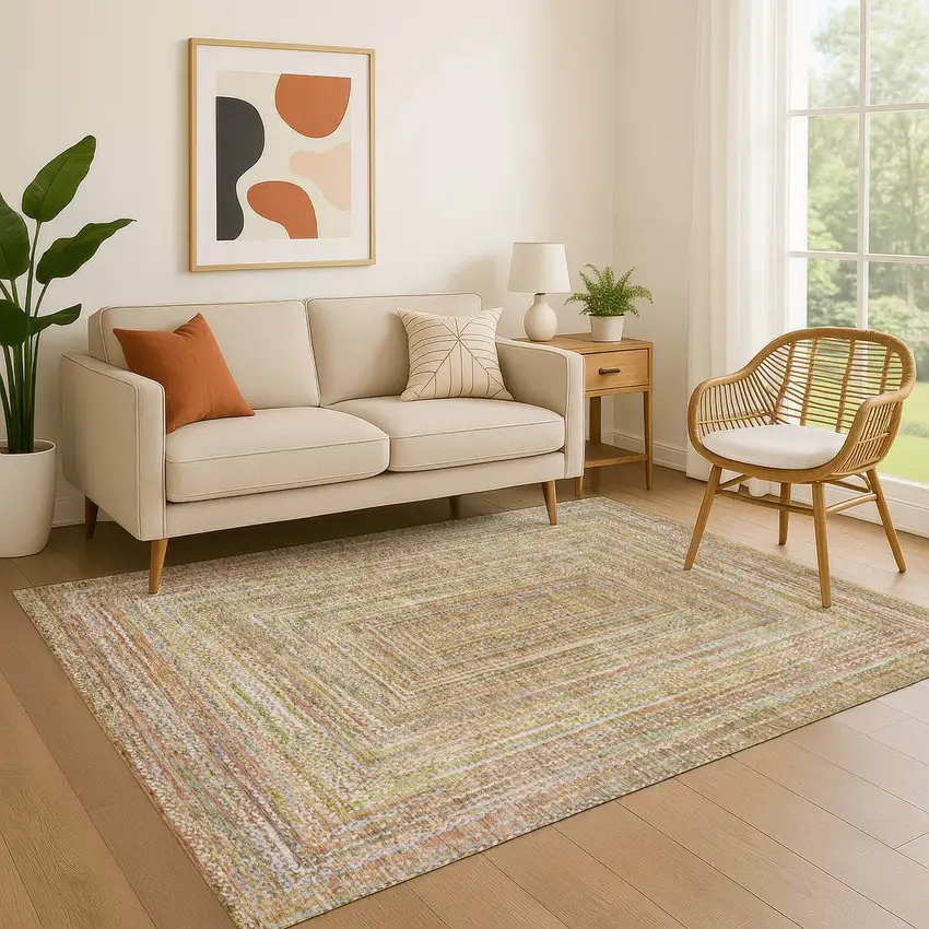 Tan And Beige Geometric Washable Area Rug With UV Protection Photo 4