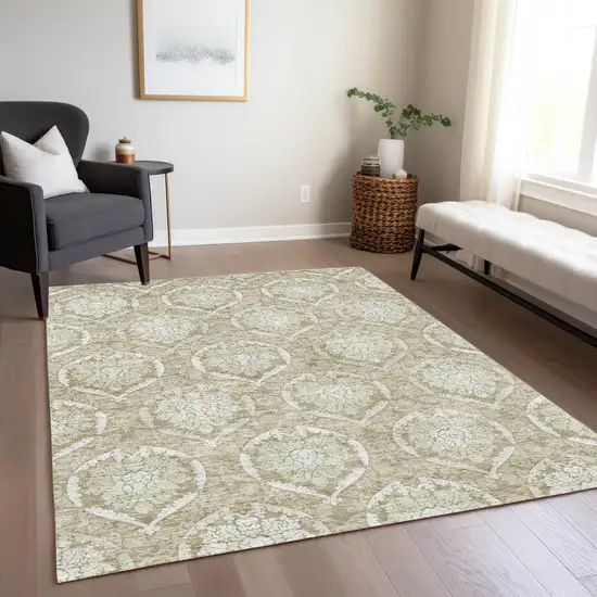 Tan And Beige Medallion Washable Indoor Outdoor Area Rug Photo 9