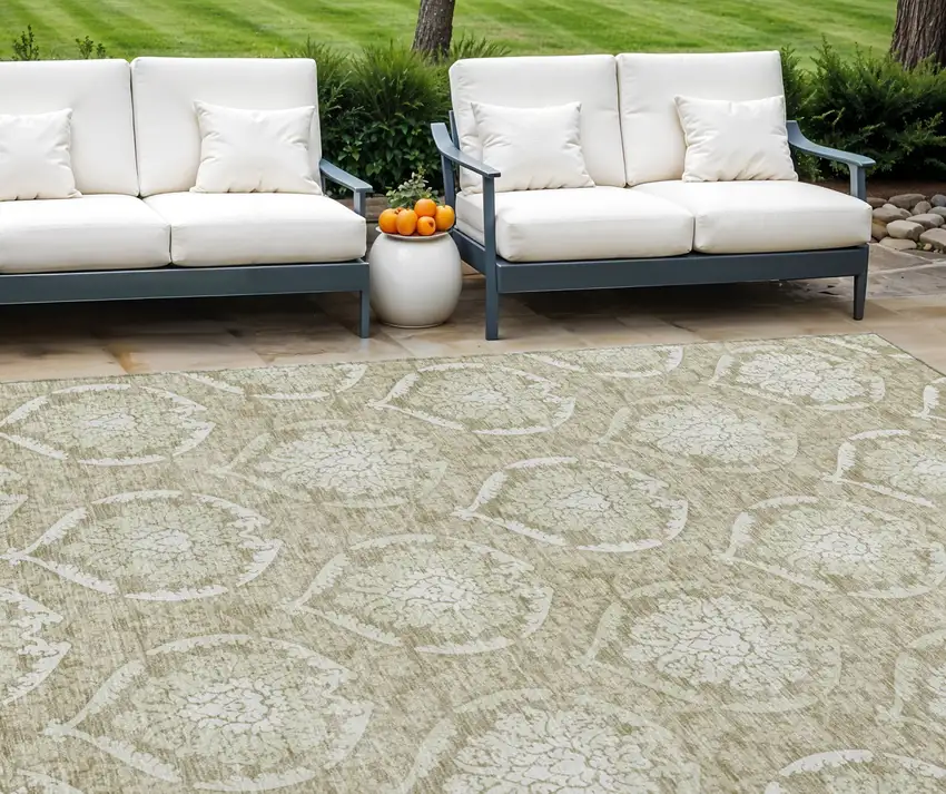 Tan And Beige Medallion Washable Indoor Outdoor Area Rug Photo 1