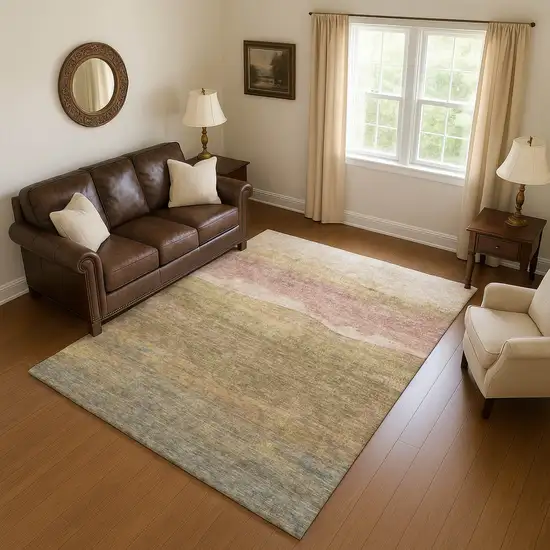 Tan And Beige Striped Washable Area Rug With UV Protection Photo 2