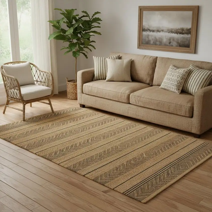 Tan And Black Jute Striped Hand Woven Area Rug Photo 1