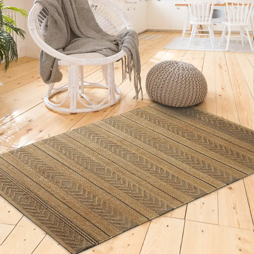 Tan And Black Jute Striped Hand Woven Area Rug Photo 5