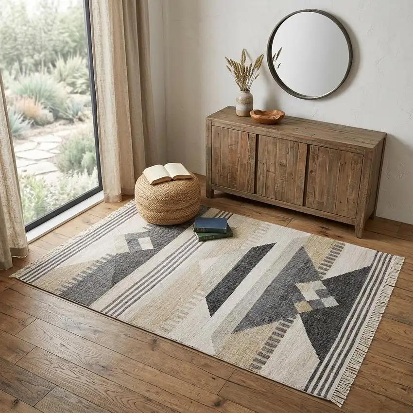 Tan And Black Jute Tribal Hand Woven Area Rug Photo 1
