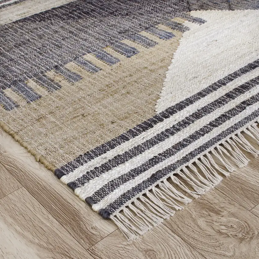 Tan And Black Jute Tribal Hand Woven Area Rug Photo 3