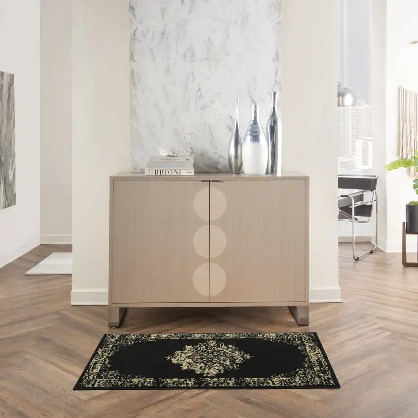 Tan And Black Medallion Distressed Area Rug Photo 5